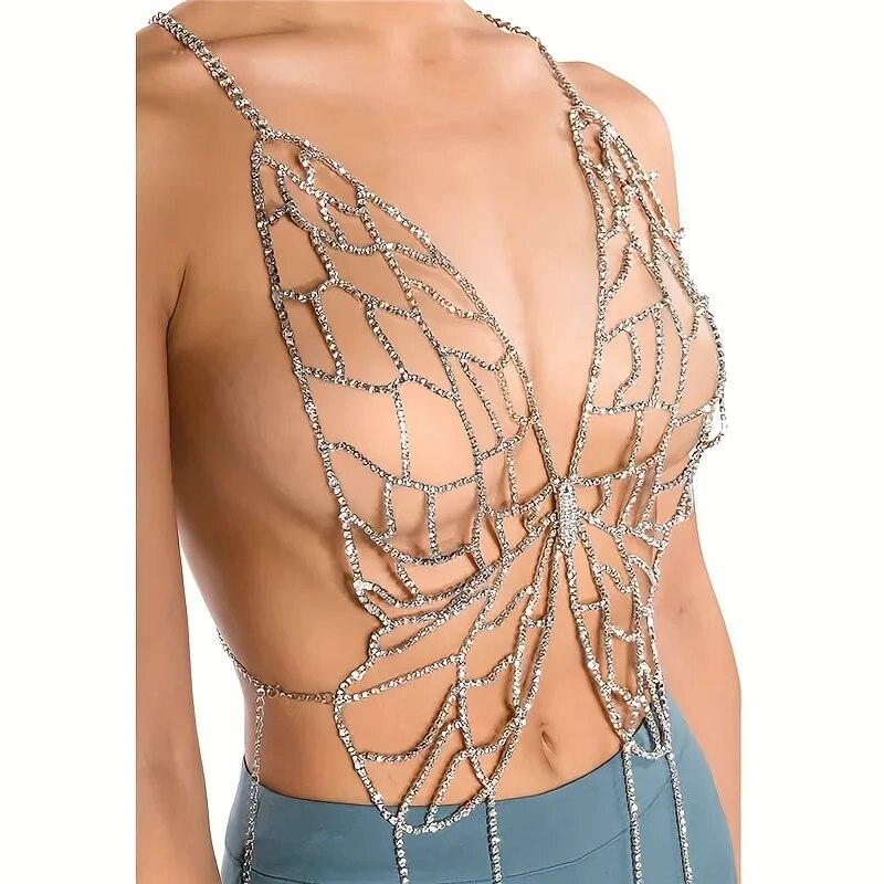 Sexy One-piece Hollowed Out Rhinestone Thoracic Chain Fashion Personality Butterfly Bra Body Chain Accessories