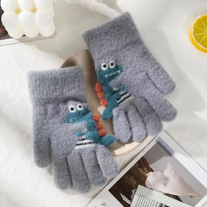 1 пара милых детских толстых вязаных перчаток с рисунком динозавра, теплые детские перчатки на осень и зиму, перчатки с полным пальцем и пятью пальцами