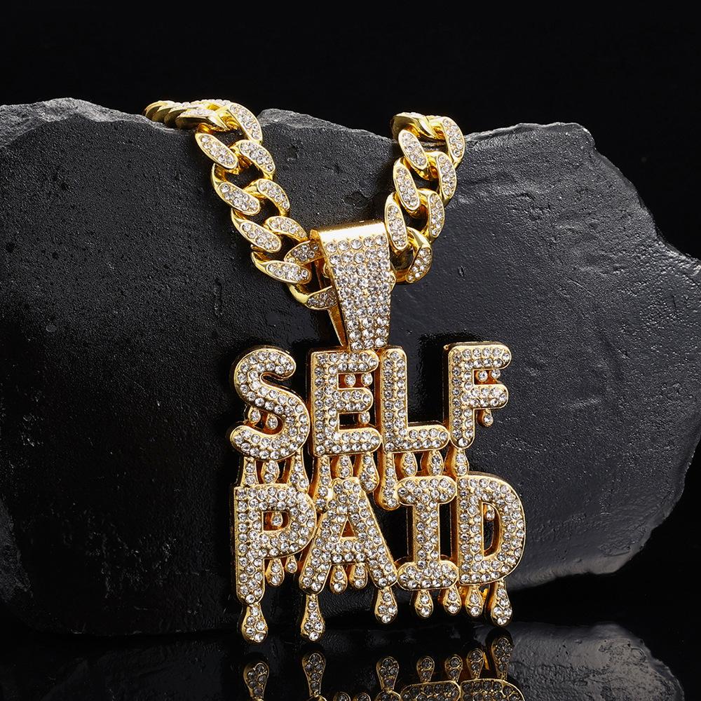 Men's Hip Hop Letter SELF PAID Pendant Necklace With 13mm Cuban Chain HipHop Iced Out Bling Necklaces Fashion Charm Jewelry Gift
