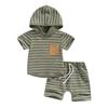 Baby Boys Summer Outfits Stripes Short Sleeve Hooded Sweatshirt and Casual Elastic Drawstring Shorts Set