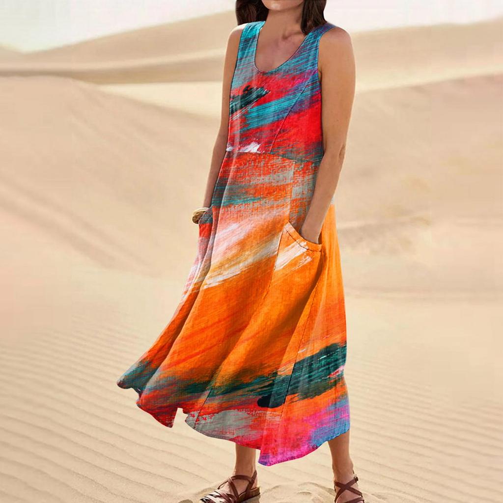 Женское летнее свободное свободное платье без рукавов с круглым вырезом и звездами в стиле пэчворк с цветным принтом и карманом