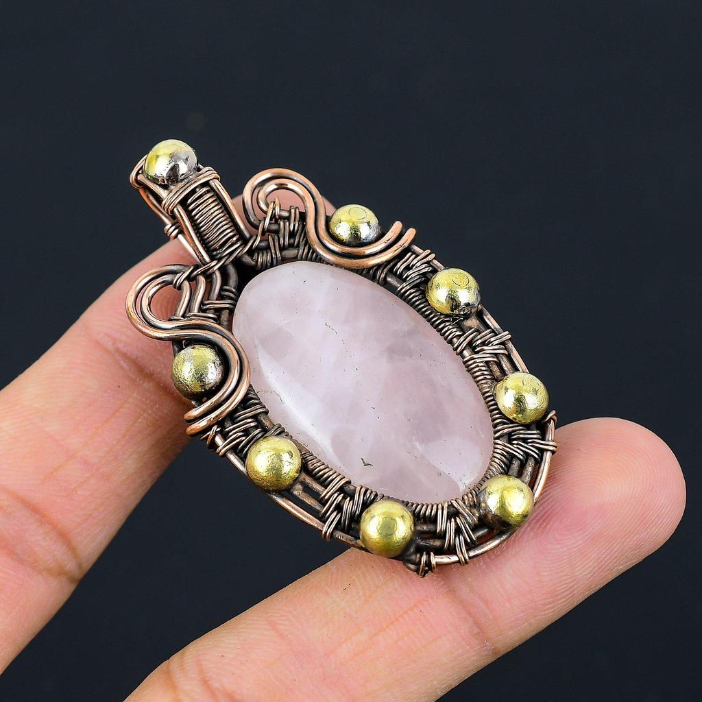 Rose Quartz Gemstone Pure Copper Wire Wrapped Handmade Pendant Jewelry Gift