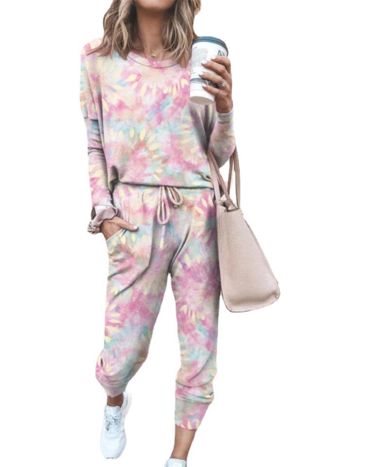 Женский комплект из двух предметов в стиле тай-дай на весну и осень: Модная повседневная домашняя одежда с длинными рукавами