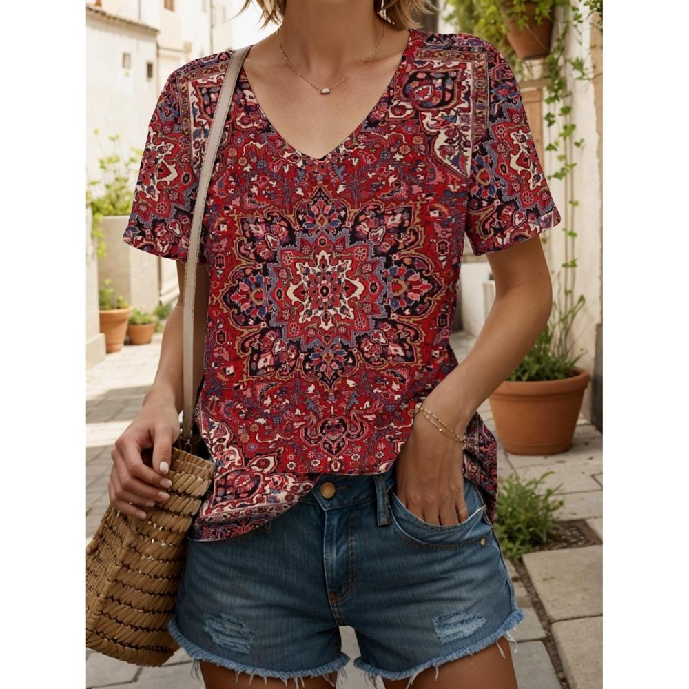 2025 Ethnic Women's T-Shirt Vintage Graphics Fashion Short Sleeved V-Neck Regular Tops Daily Print Tee Summer Casual Tops