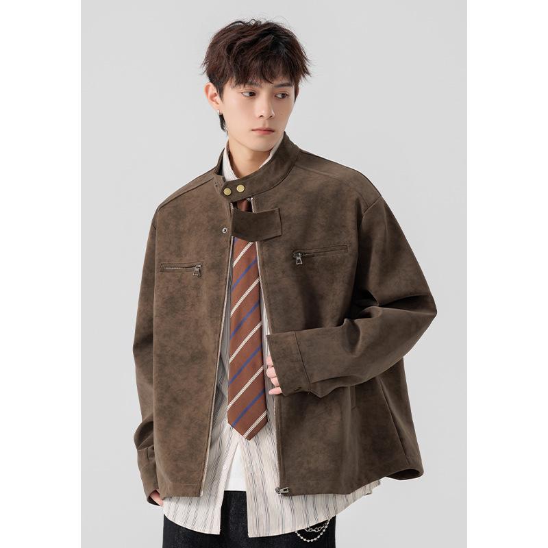 Мужская ретро американская куртка из искусственной кожи тай-дай - Теплая, модная, со стойкой воротником для осени