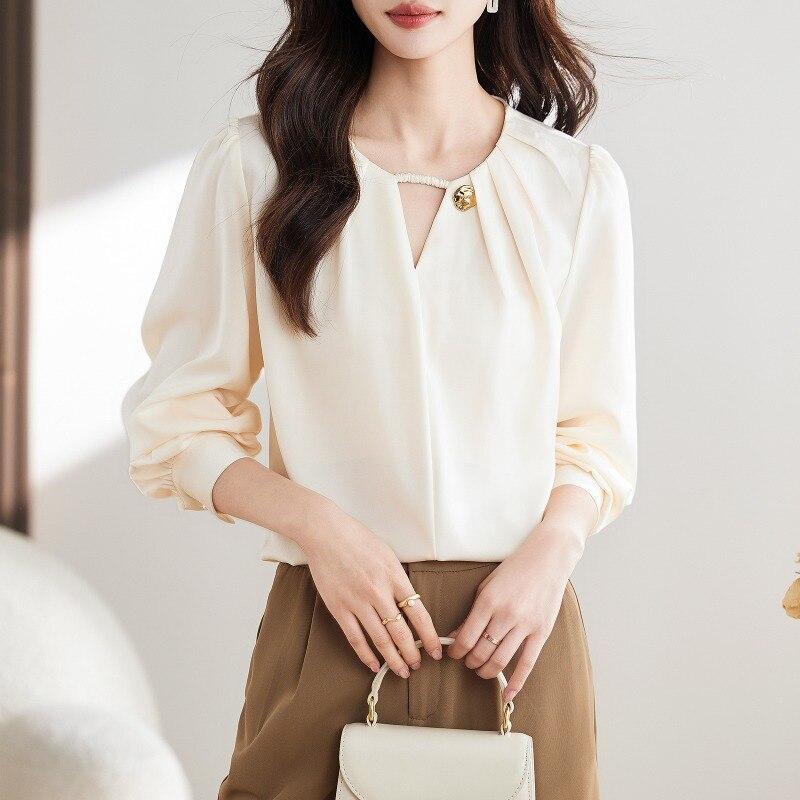 Офисная женская элегантная женская рубашка, модная шифоновая женская блузка с длинным рукавом и v-образным вырезом, женские топы, нижняя женская одежда 29311