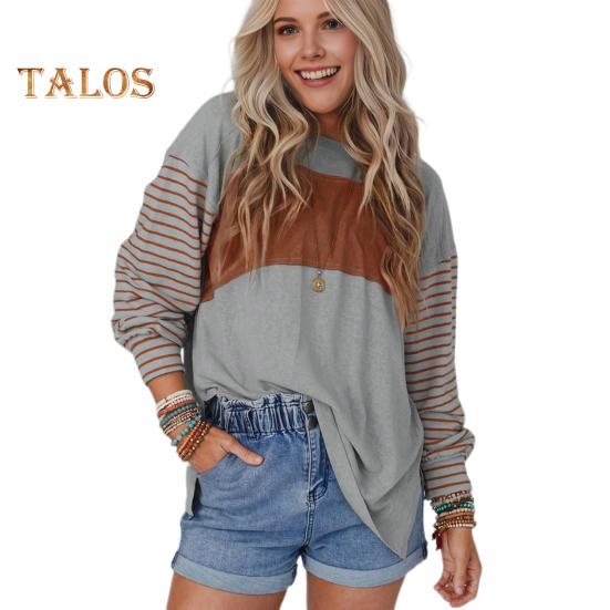 Женская футболка с круглым вырезом и длинным рукавом в полоску контрастного цвета свободного кроя, эластичная дышащая футболка-пуловер