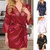Women Nightdress Solid Color Satin Cardigan Lace Up Tight Waist Lady Nightie Female Intimate Clothes