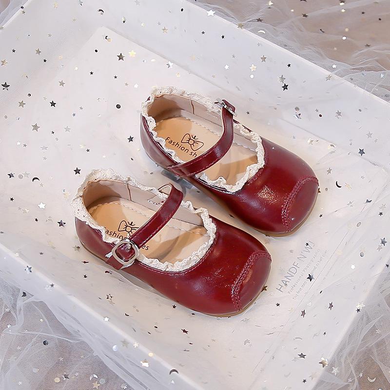 Lace-trimmed girls' solid color leather shoes2026New Spring and Autumn Little Girls' Single Shoes for Young, Middle, and Older Children, Performance