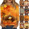 Women's Fashion Winter Casual Round Neck Brushed Stripe Thanksgiving Print Three-quarter Sleeve T-shirt Women's Clothing