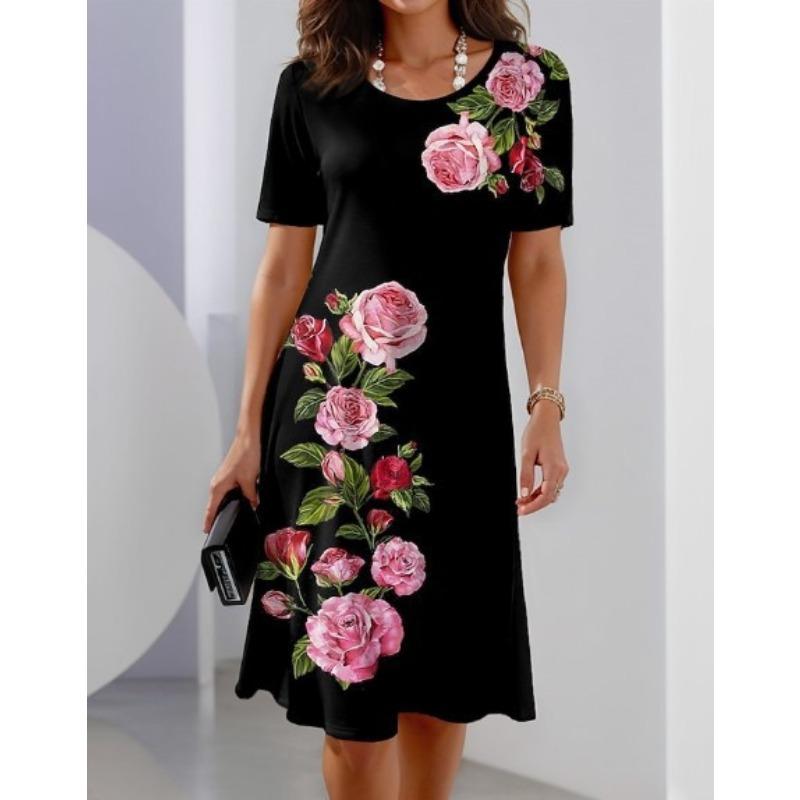 Women's Fashion Summer Spring Flower Pattern Print Short Sleeve O-Neck Casual Dresses