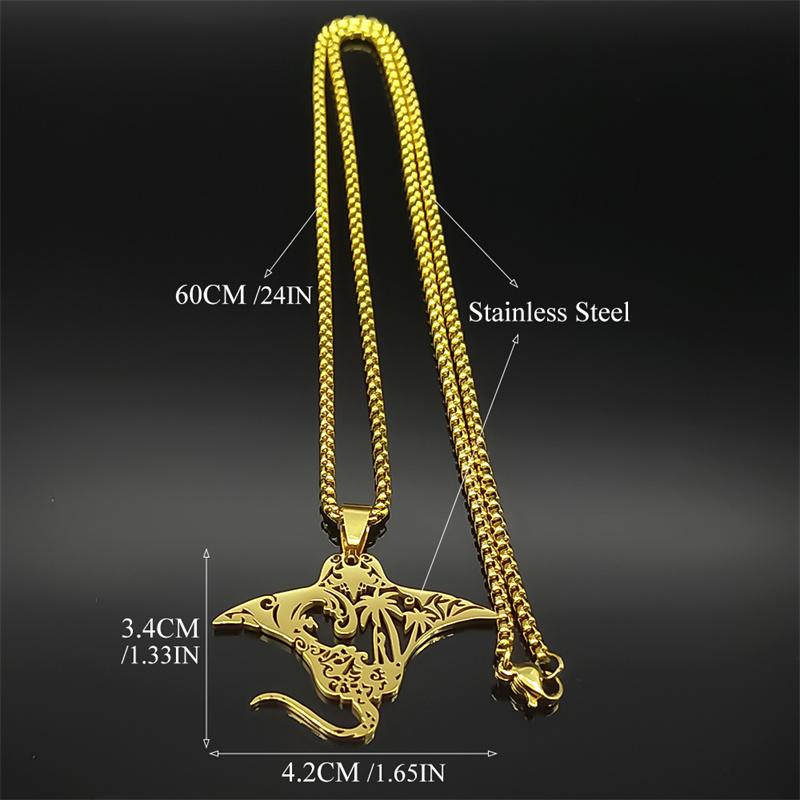 Hollow Manta Ray Sea Devil Fish Necklace For Women Men Stainless Steel Gold Color Coconut Tree Tropical Marine Scenery Jewelry