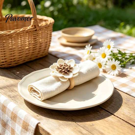Reusable Cloth Napkin Rings 6Pcs Linen Flower Rings, Wooden Ring Rustic Holders, Floral Table Decorations Farmhouse for Wedding Bridal Shower