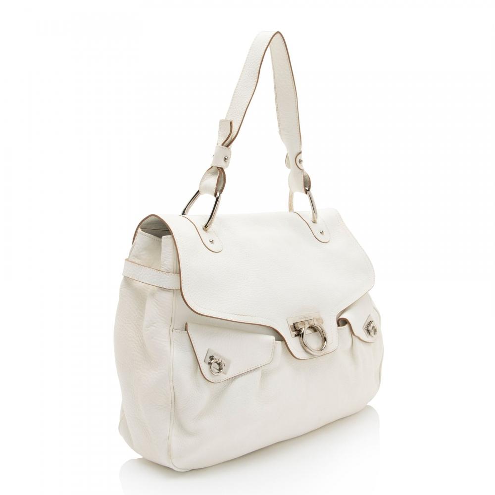Salvatore Ferragamo Leather Gancini Double Pocket Shoulder Bag White