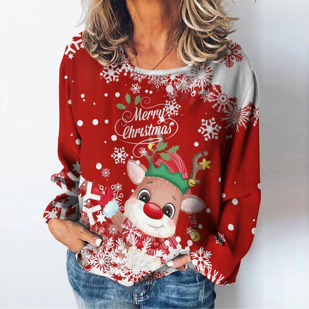 Рождественская женская футболка, осенний свитер с круглым вырезом, принт снеговика, длинный рукав, женская уличная одежда в стиле Харадзюку, одежда оверсайз для женщин