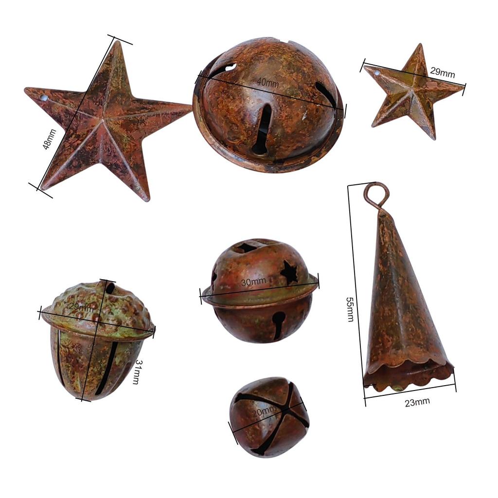 NO DIRTY 6pcs Rustic Bells Mixed Styles Vintage Rusty Metal Christmas Hanging Bells Country Rusty Barn Star Farmhouse Home Deco
