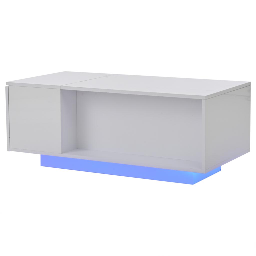 100*50*40cm Height-Adjustable Coffee Table with Hidden Storage, Side Table with LED Light, Living Room Table with Drawer, Sofa Table, White