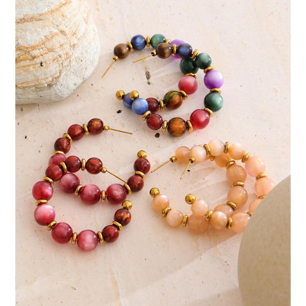 Eetit Colorful Acrylic Resin Beads C-Shape Hoop Earrings Stainless Steel Fashion France Handmade Jewelry for Women Accessories