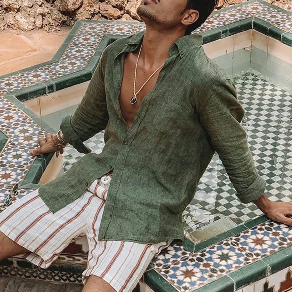 Мужская весенняя однотонная рубашка свободного покроя из хлопка и льна с длинными рукавами, молодежная дышащая блузка с лацканами