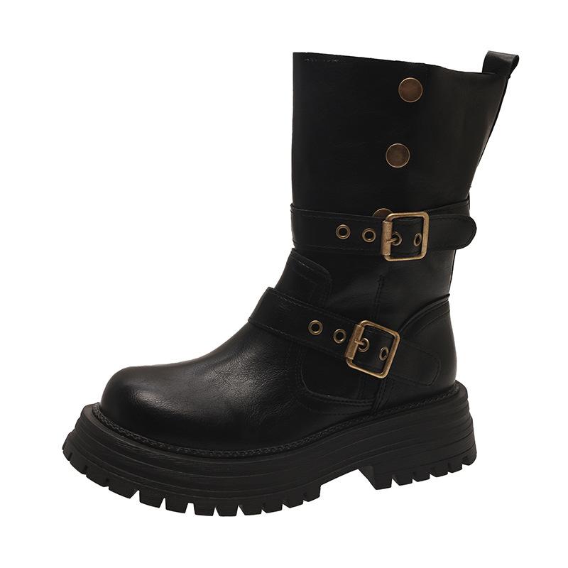 British Style Women's New Spring and Autumn Single Boots Retro Two In One Mid Length Boots Thick Soled Black Short Boots