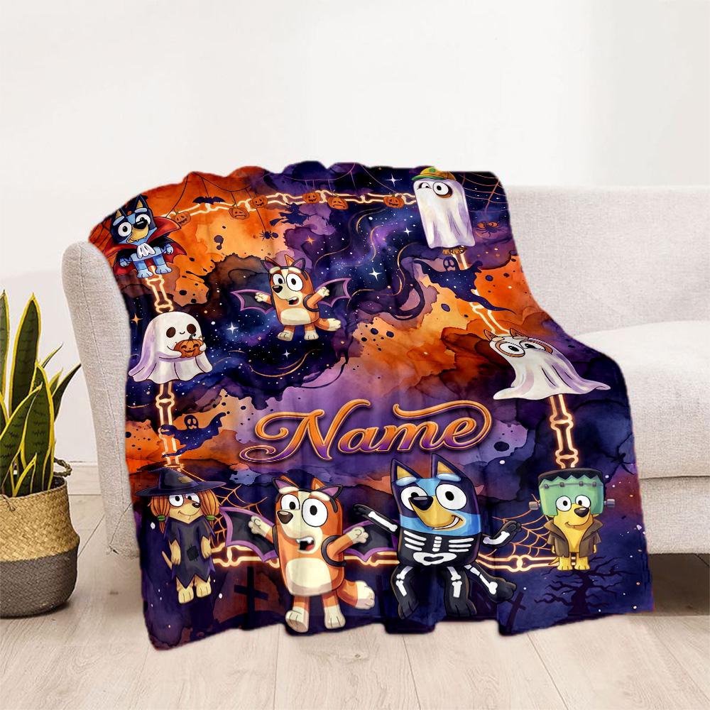 Halloween Bluey Party Personalized Name Blanket Cozy Personalized Blanket Ultra-Soft for Livingroom Seaside Living Room Chair Ideal for All Seasons