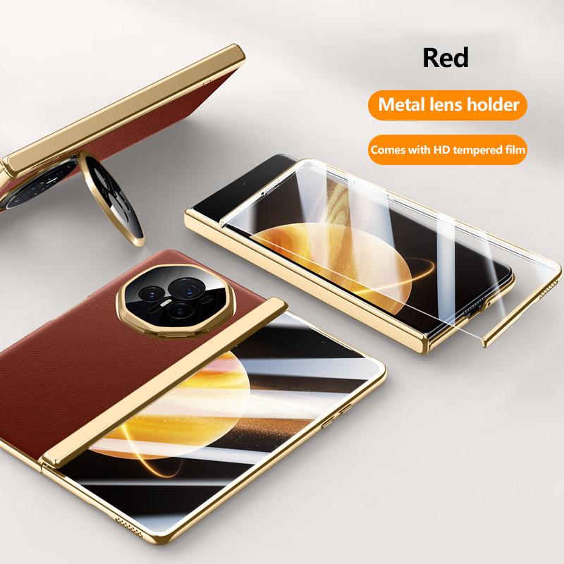 Чехол из простой кожи для телефона Honor Magic V3 с гальваническим покрытием, металлическим шарниром, держателем объектива и закаленной пленкой, противоударным держателем, деловой чехол