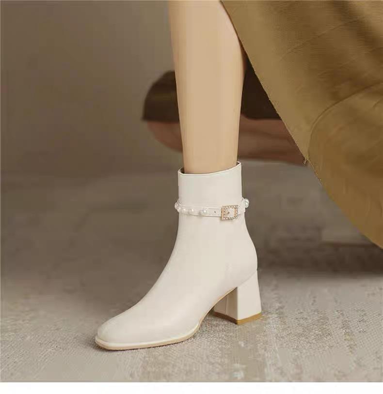 Fashion Boots for Ladies Non-Slip Outdoors Solid Color 2024 New Autumn Winter Women's Ankle Boots Leather Pearl Decoration Boots