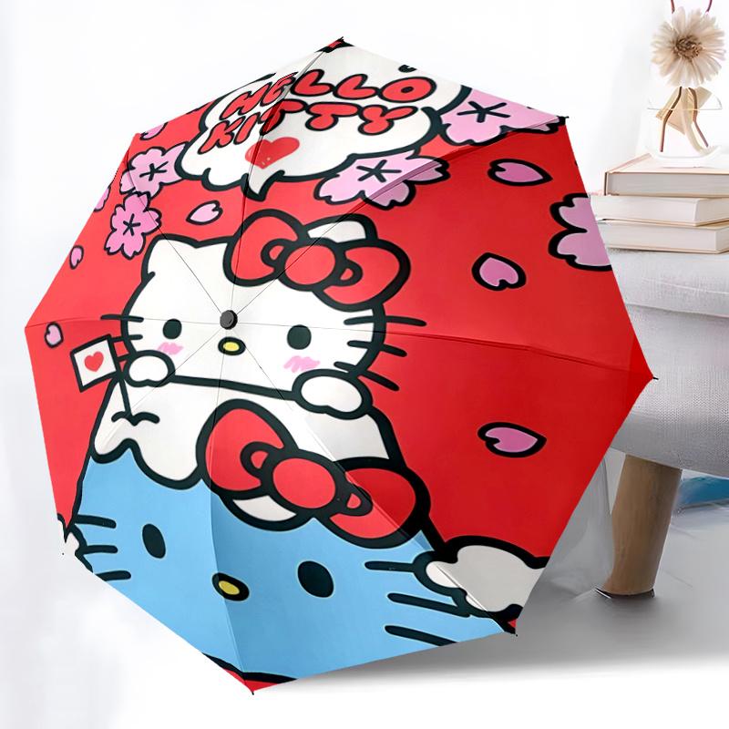1pc Hello Kitty Cherry Blossom Automatic Folding Umbrella - Portable 3-Fold Design with Iron Frame, Perfect for Outdoor Use, Festive Gifts, Travel, Da