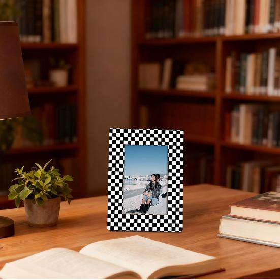 Black and White Checkered Picture Frame, Modern Geometric Pattern Frame for 4x6 Inches Photo, Display on Table Top Desk, Black and White Racing Flag