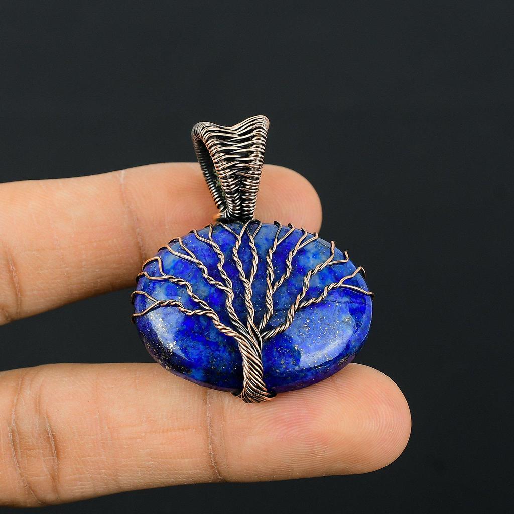 Древо Жизни Синий Сапфир Драгоценный Камень Медная Проволока Обруч Ручной Работы Кулон Ювелирные Изделия Для Свадебный Подарок