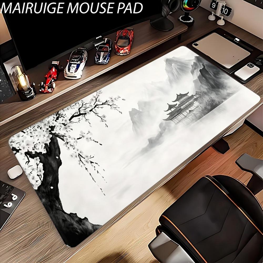 Ink Plum Blossom Ancient Pavilion Mouse Pad Large Computer Office Game Table Mat Rubber Anti-slip Stitched Keyboard Mat Desk Pad