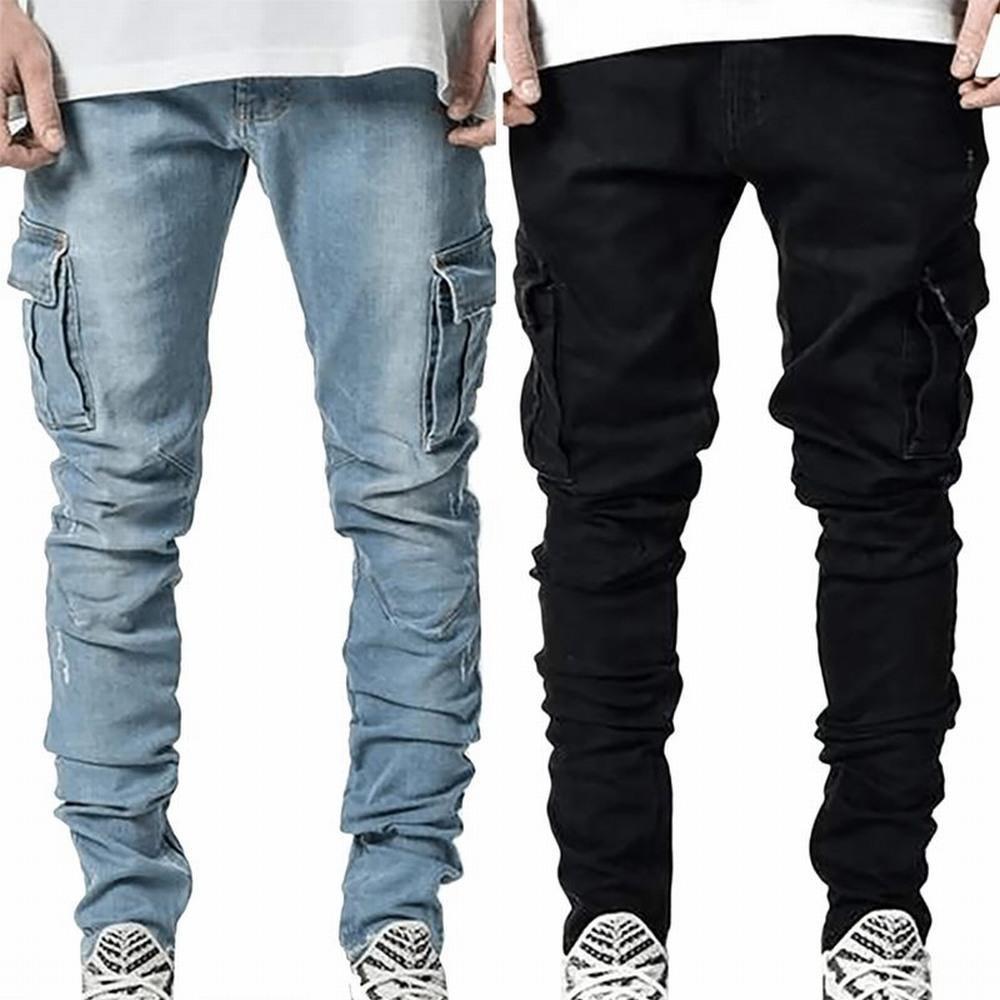 RogueWave Street Elastic Jeans Men Denim Cargo Pants Wash Solid Color Multi Pockets Casual Mid Waist Trousers Slim Fit Daily Wear Joggers