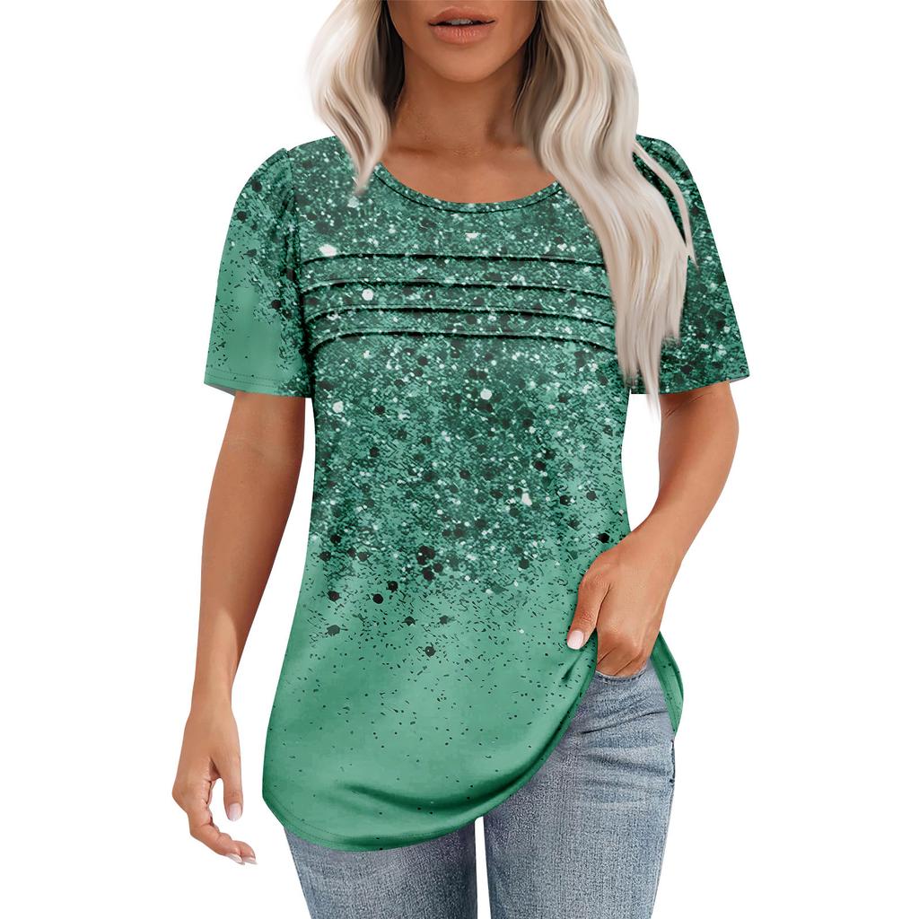 Ladies' Fashionable Printed Round Neck Pleated Short Sleeved Shirt