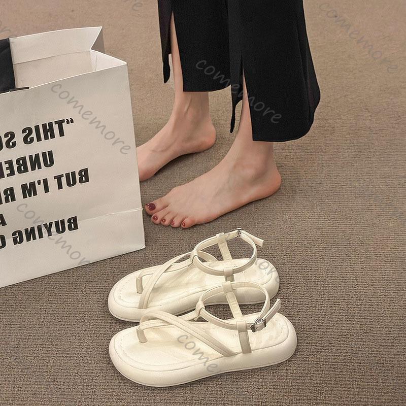 Модные женские сандалии Comemore на плоской подошве с перемычкой между пальцами, повседневные летние, новая мода, с перекрестными ремешками, на мягкой подошве, пляжная обувь, однотонные римские сандалии