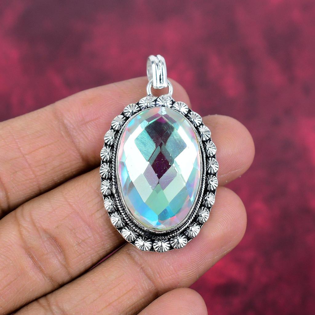 Faceted Mystic Topaz Gemstone Pendant, Handmade Jewelry, 925 Solid Sterling Silver Pendant Jewelry Gift For Love