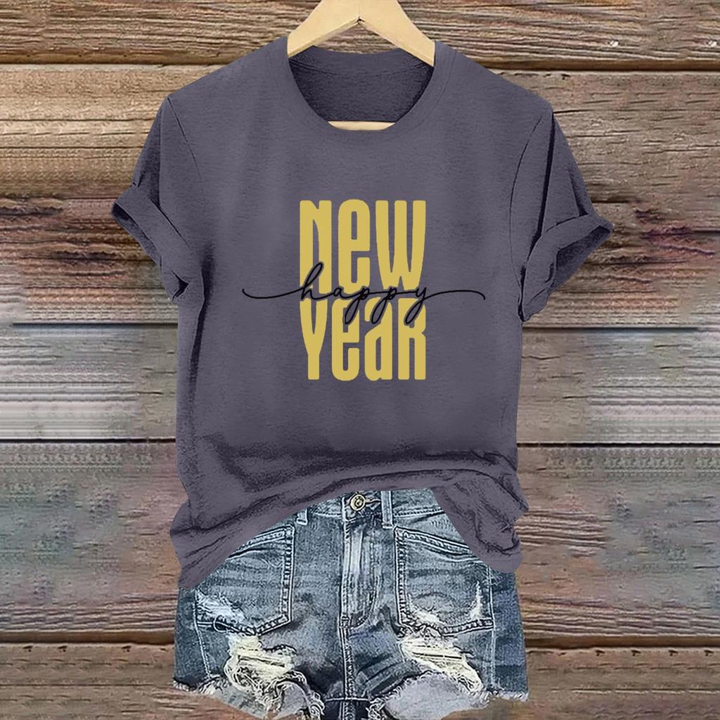 Women's Long Sleeve Round Neck T-Shirts 2025 New Year Print Puff Sleeve Shirts Button Blouses Tops