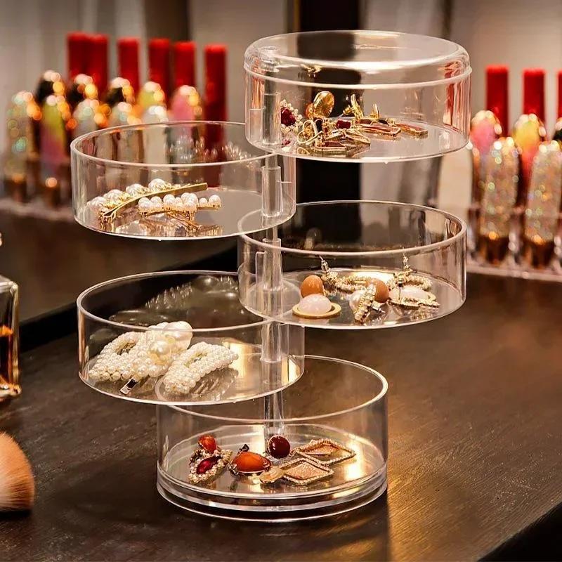 Вращающаяся шкатулка для хранения ювелирных изделий, подставка для хранения косметики, органайзер для браслетов и серег, круглая пластиковая коробка-органайзер, держатель, витрина с крышкой