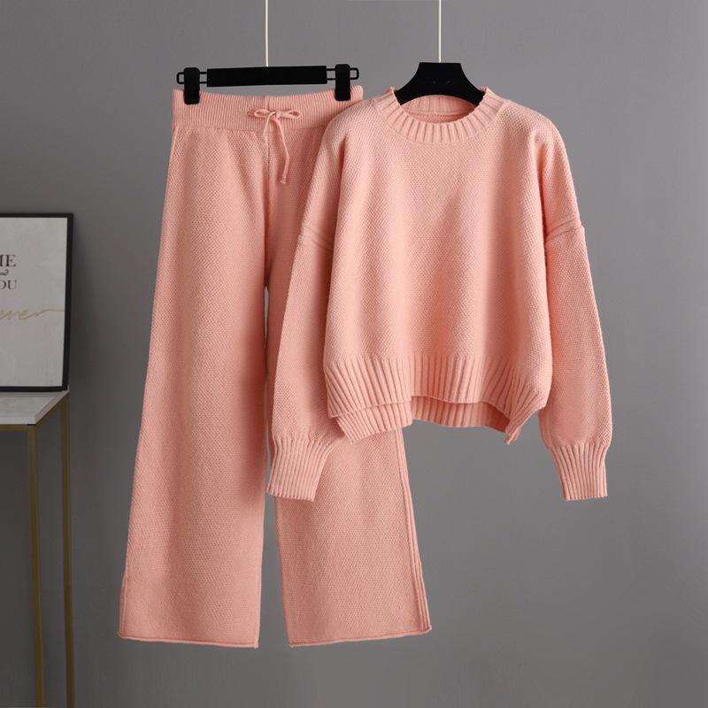 GMXIA Autumn and Winter Fashion Casual Knitted Suit Pants, Loose Sweater, Wide-leg Pants, Long Pants Two-piece Set