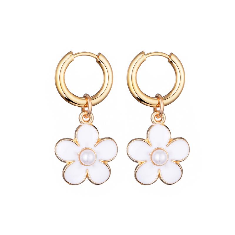 Fashion Cute Pearl Flower Pendant Hoop Earrings For Women Girls Stainless Steel Gold Color Ear Buckle Enamel Charm Drop Jewelry