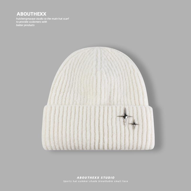 Women's Autumn and Winter Wool Hat Big Head Circumference Versatile Warm Ear Protection Cold Hat Showing Face Small Stars Decorative Knitted Hat Men