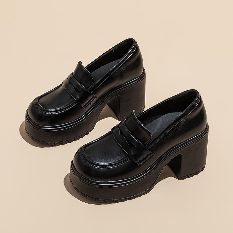 Увеличивающие внутреннюю высоту небольшие кожаные туфли с круглым носком на платформе женские черные туфли с одной педалью толстый каблук британский стиль
