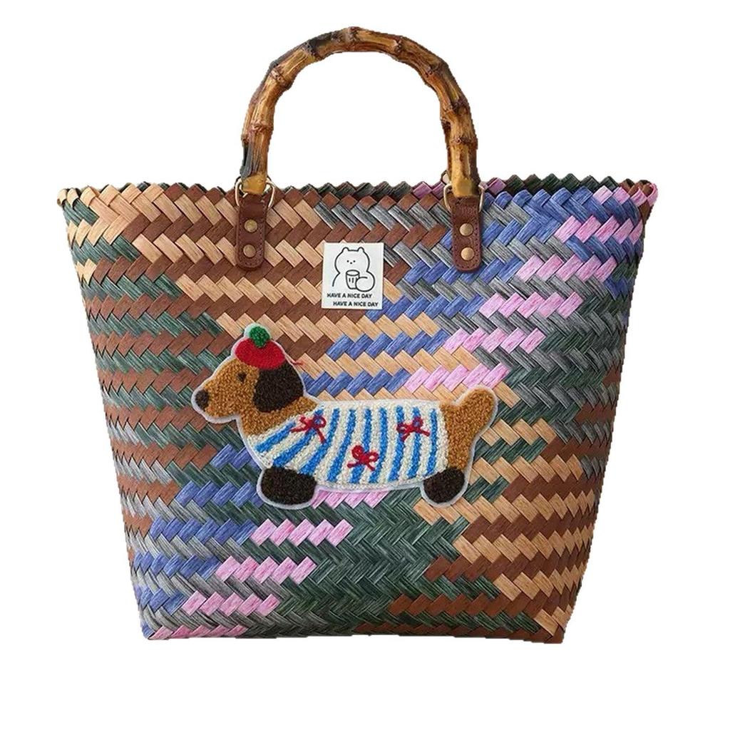 Плетеная сумка-тоут для щенка таксы с бамбуковой ручкой, винтажная пляжная сумка