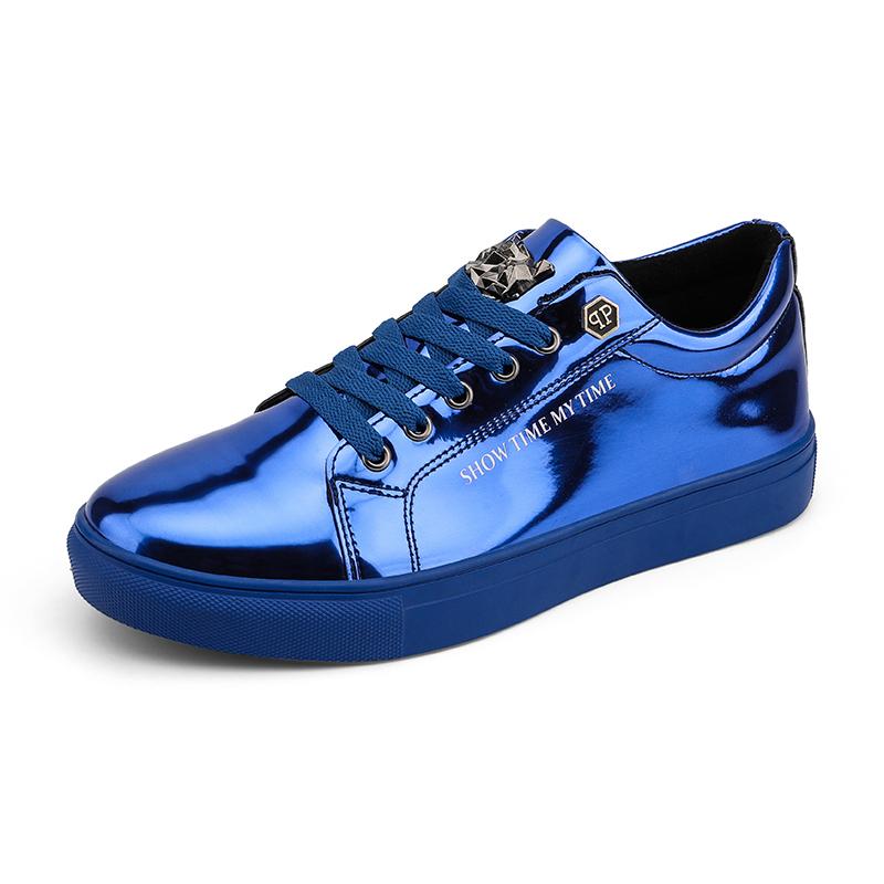 New Brand Blue Mens Fashion Sneakers Luxury Shiny Metal Men Skateboard Shoes Designer Glitter Men Flat Casual Shoes Plus Size 47