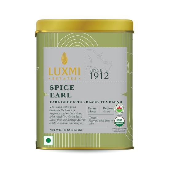 LUXMI Estates Spiced Earl Grey Tea 100Gm Tin |Loose Leaves,Earl Grey Spice Black Tea Blend|Usda Certified Organic