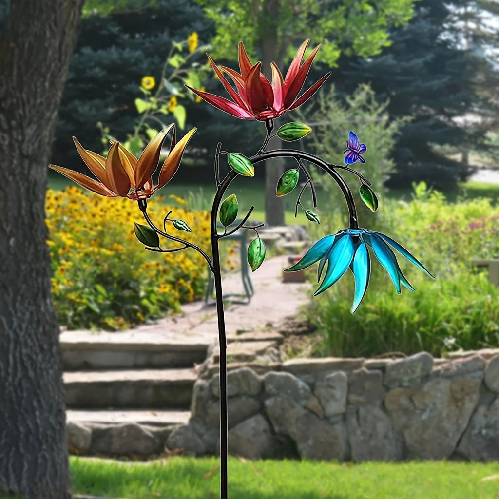 Flower Butterfly Windmill Large Metal Wind Turbine with Three Rotating Flower Butterfly Windmills Decorate Outdoor Courtyard Garden Art Decoration