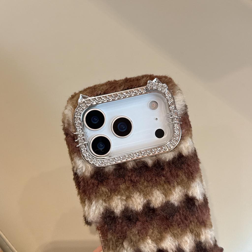For iPhone 17 Pro Max Case Rhinestone Frame Striped Plush TPU PC Phone Cover with Strap