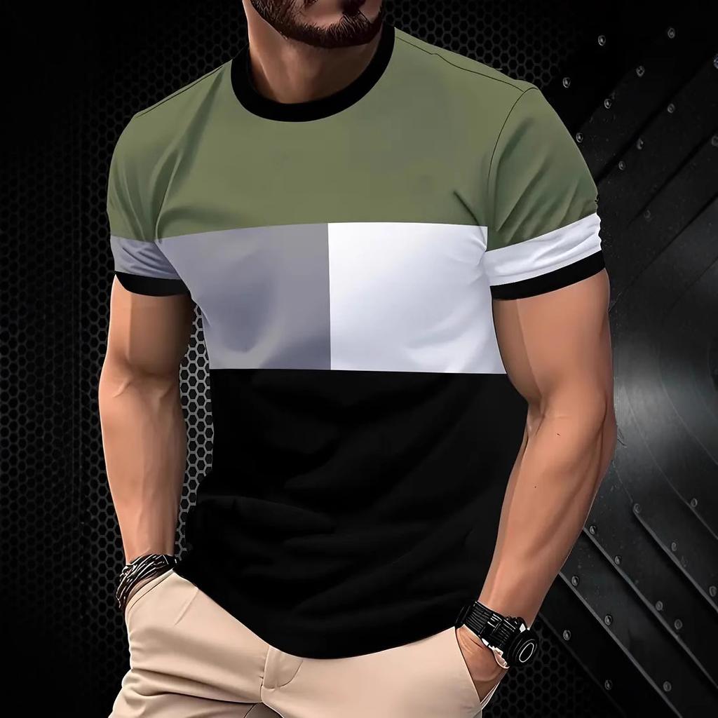 Summer Round Neck Striped Contrasting 3D Print Top Fashionable Casual Simple Short Sleeved Men's T-shirts