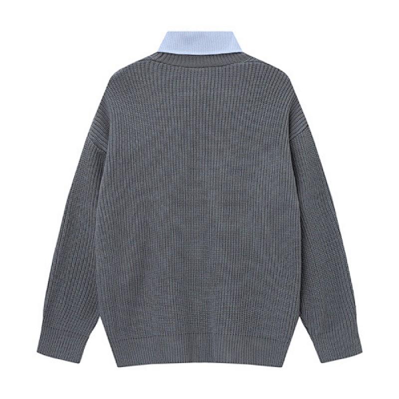 V-neck Knit Cardigan Preppy Vintage Colorblock Fake 2-piece Long Sleeve Casual Outerwear Teens