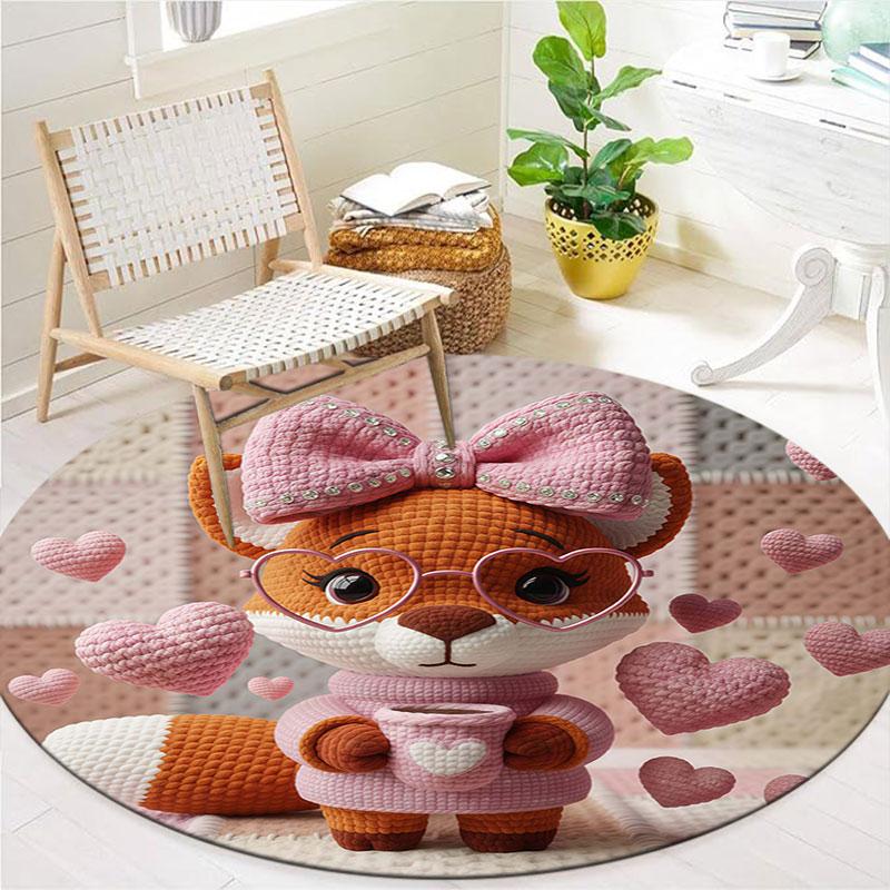 Knittedcuteanimals Round Area Rug,Carpet Rug for Living Room Bedroom Sofa Playroom Decor,Non slip Floor Mat
