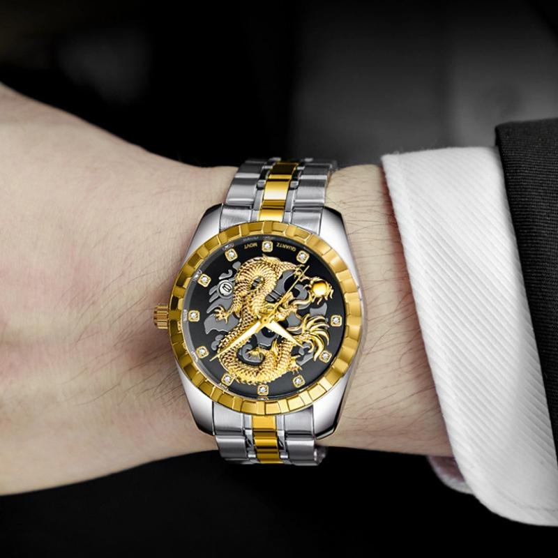 WLISTH Мужские часы с тисненым золотым драконом, водонепроницаемые, инкрустированные бриллиантами, мужские, модные, для среднего и пожилого возраста, часы